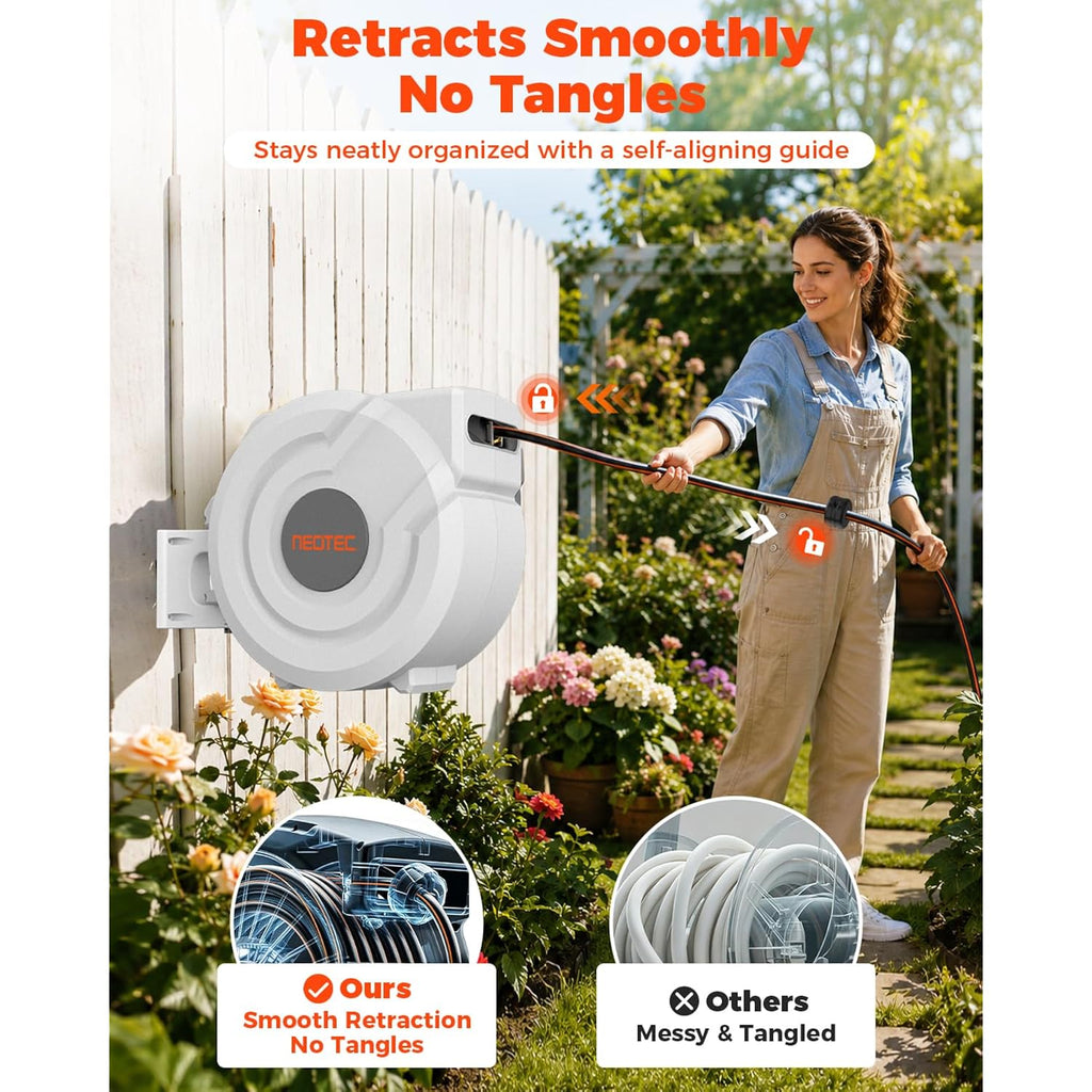 5/8 In 100Ft Retractable Garden Hose Reel With Any-Length Lock Slow Auto Rewind Heavy Duty Water Hose Reel With 9-Pattern Nozzle 180° Swivel Bracket Uv Resistant Wall Mounted Hose Reel For Outside