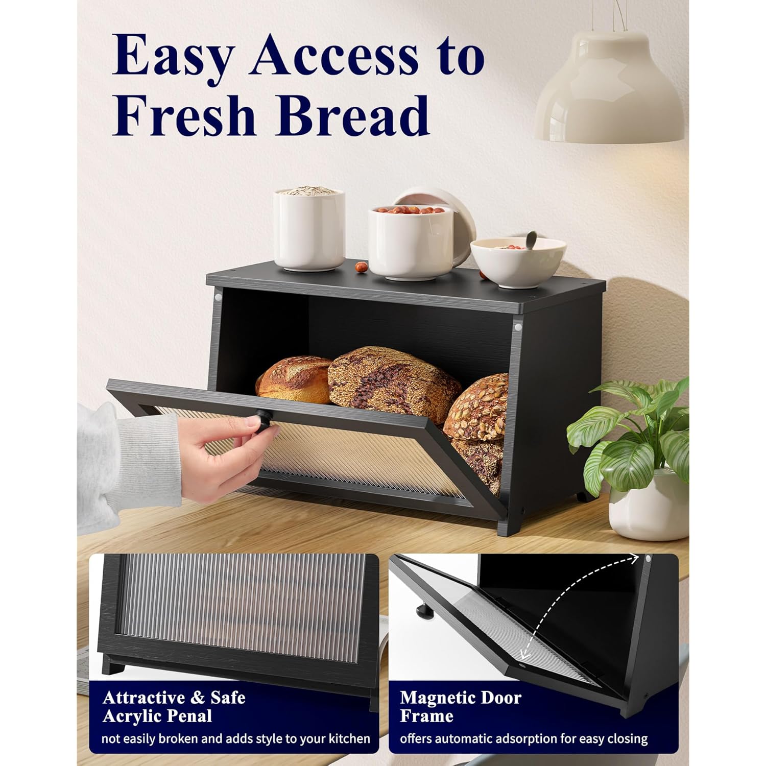 Kitsure Bread Box - Wooden Bread Box for Kitchen Countertop, Large Capacity Kitchen Countertop Organizer, Stylish Bread Storage with Window, Multi-functional Container, Black, 1-Tier