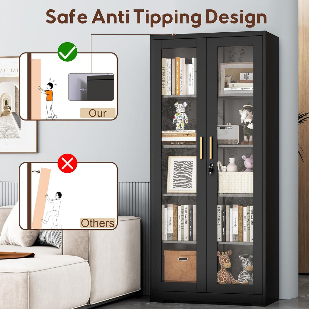 Lockable Display Cabinet With Glass Doors, Curio Cabinets With 4 Adjustable Shelves, Liquor Bookcase Bookshelf With Doors, Metal Storage Cabinet For Living Room Pantry, Black