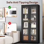 Lockable Display Cabinet With Glass Doors, Curio Cabinets With 4 Adjustable Shelves, Liquor Bookcase Bookshelf With Doors, Metal Storage Cabinet For Living Room Pantry, Black