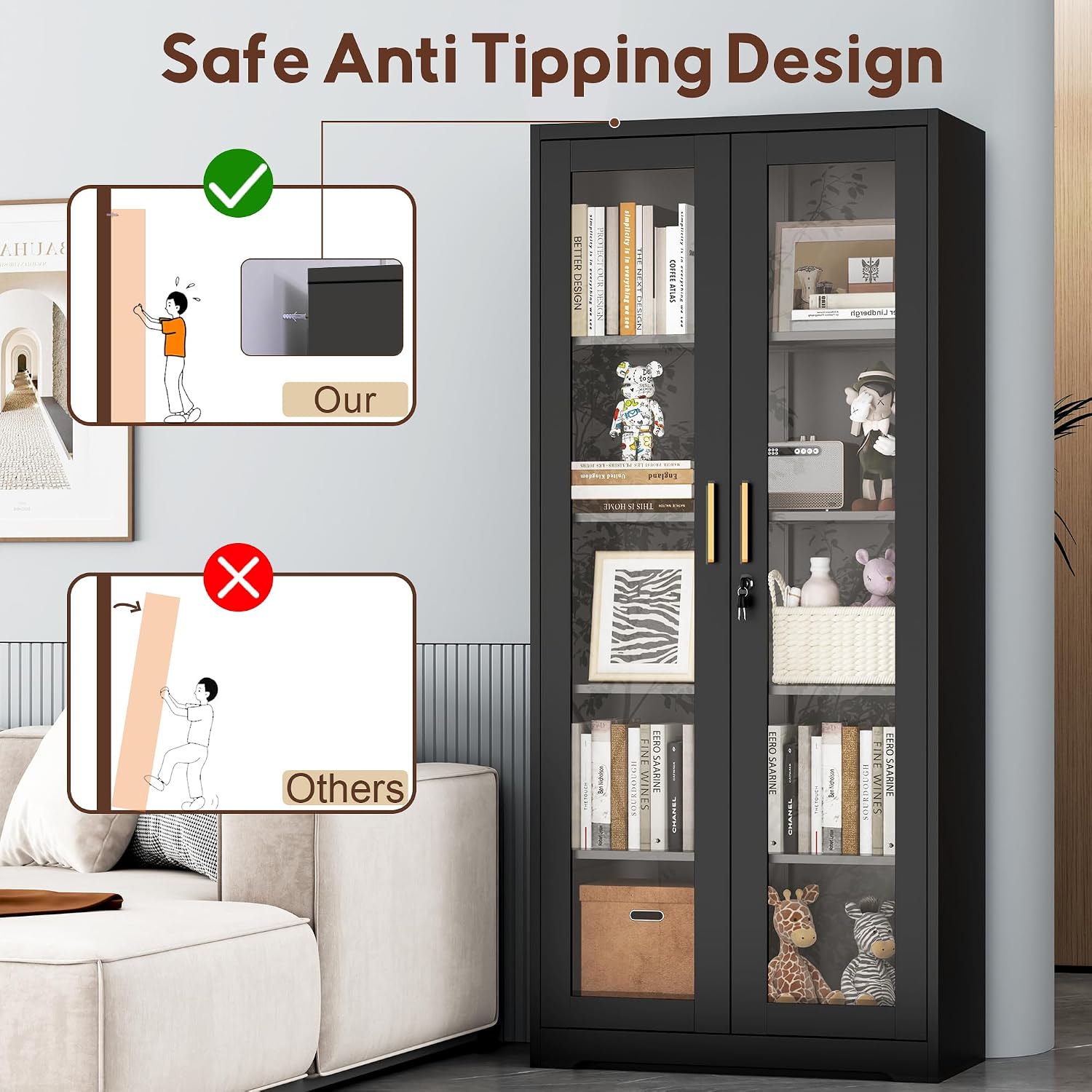 Lockable Display Cabinet With Glass Doors, Curio Cabinets With 4 Adjustable Shelves, Liquor Bookcase Bookshelf With Doors, Metal Storage Cabinet For Living Room Pantry, Black
