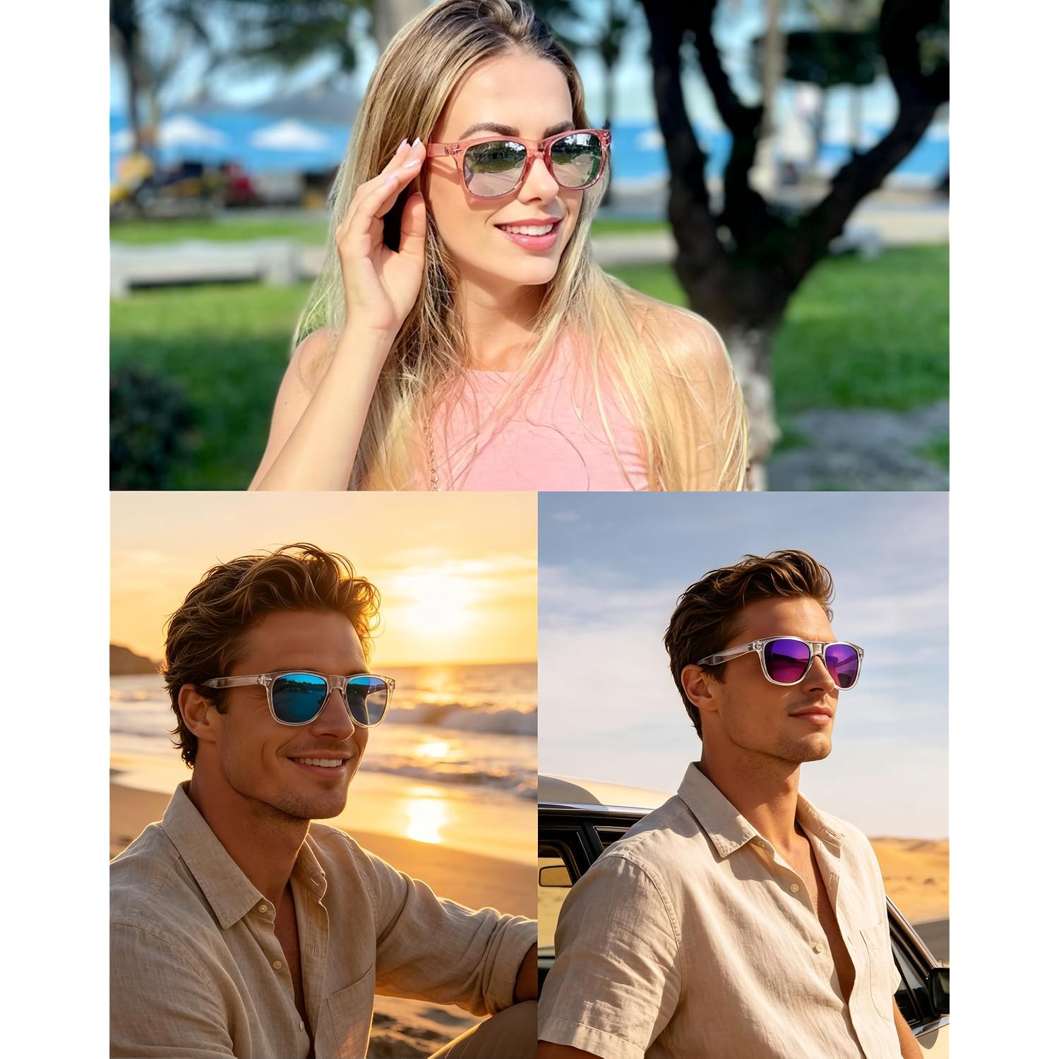 Joopin 3 Pack Square Sunglasses Polarized UV Protection Trendy Sun Glassses Fashion Shades for Women Men H13-pink Pink+ Clear Purple + Clear Blue