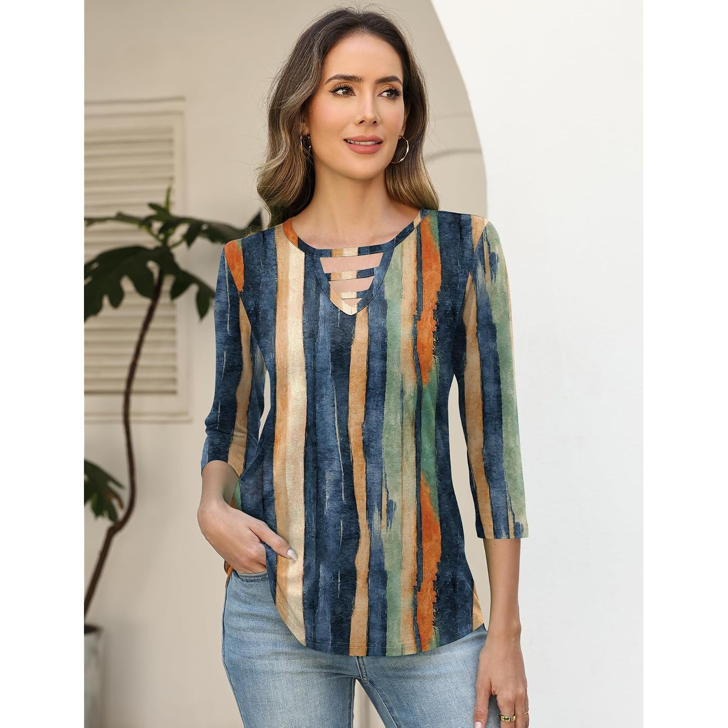 Lomon Women'S 3/4 Length Sleeve Tops Crew Neck Hollow Out T Shirts Fashion Casual Tops For Women 2026
