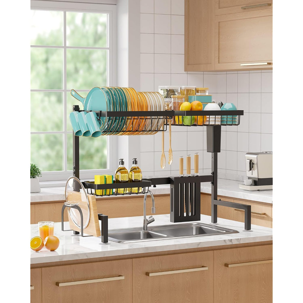 Over The Sink Dish Drying Rack - Adjustable 2 Tier Large Capacity Stainless Steel Drainer With Cutlery & Utensil Holders, Kitchen Storage & Organization, 30"-33.9" L X 11" W X 21.5" H, Black