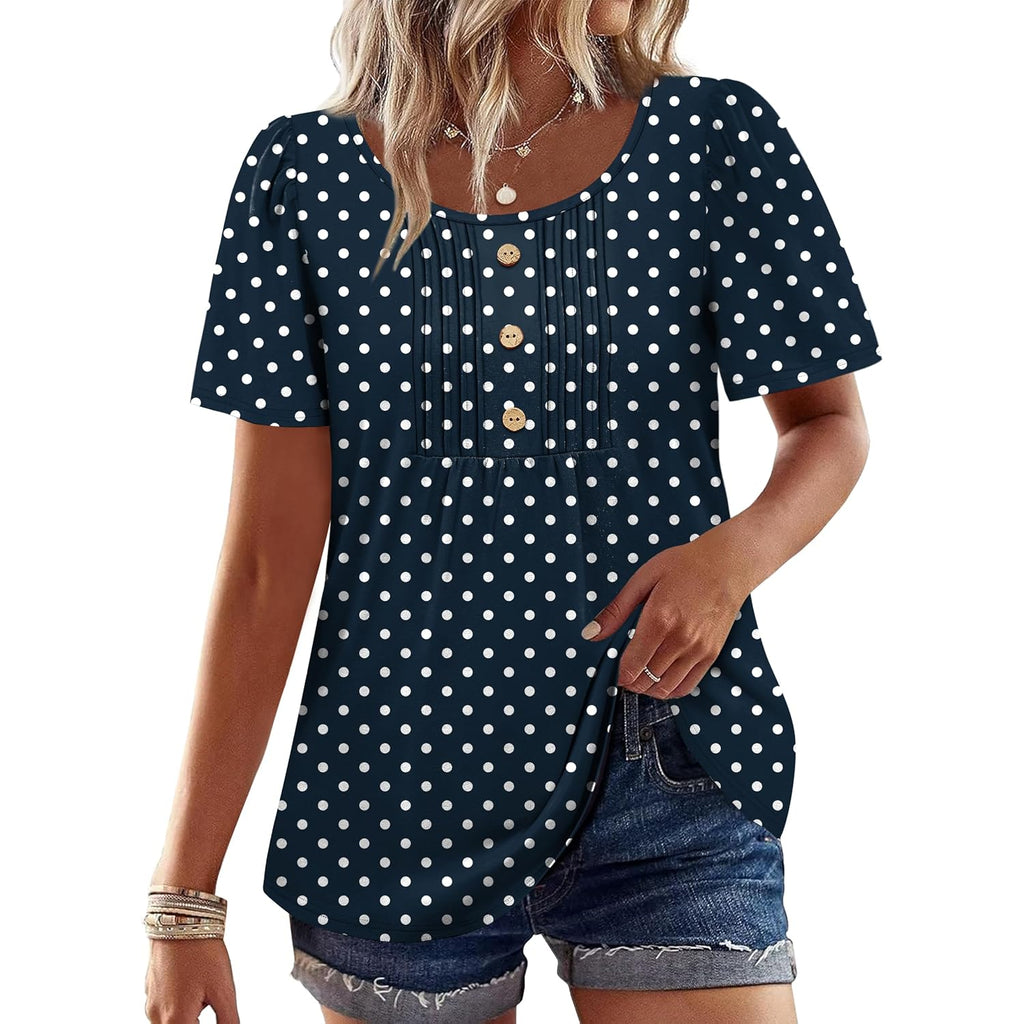 Womens Tops Dressy Casual Blouses Short Sleeve Shirts Plus Size Fashion Clothing Spring Summer Outfits Button Pleated Front