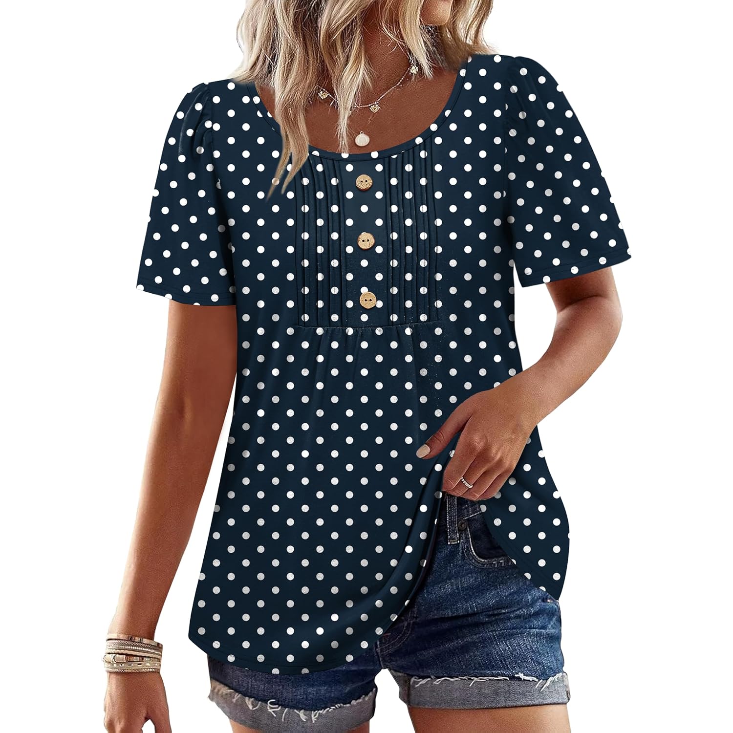 Womens Tops Dressy Casual Blouses Short Sleeve Shirts Plus Size Fashion Clothing Spring Summer Outfits Button Pleated Front