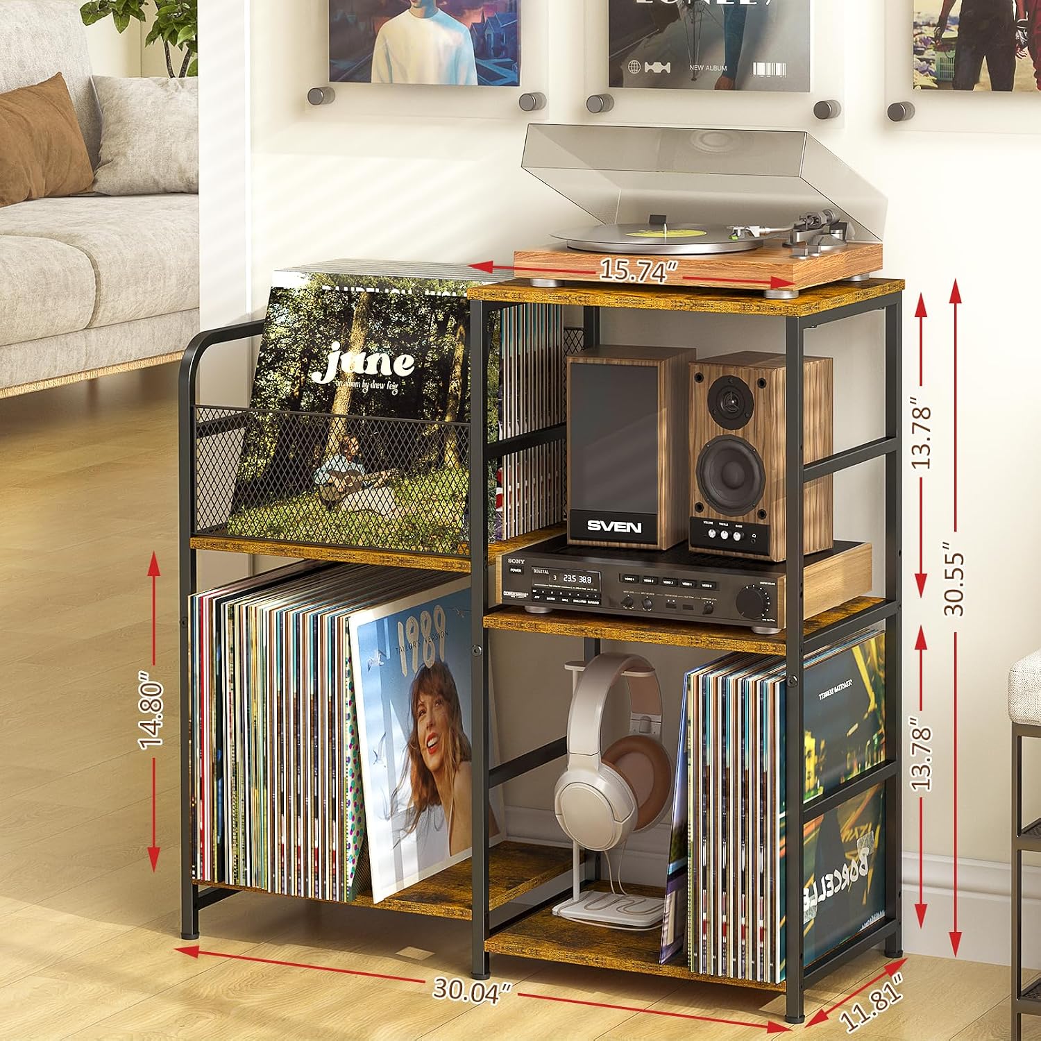 Threehio Record Player Stand, Turntable Stand With Vinyl Storage Holds Up To 300+ Albums, Storage Cabinet For Vinyl Records, Record Player Table For Living Room