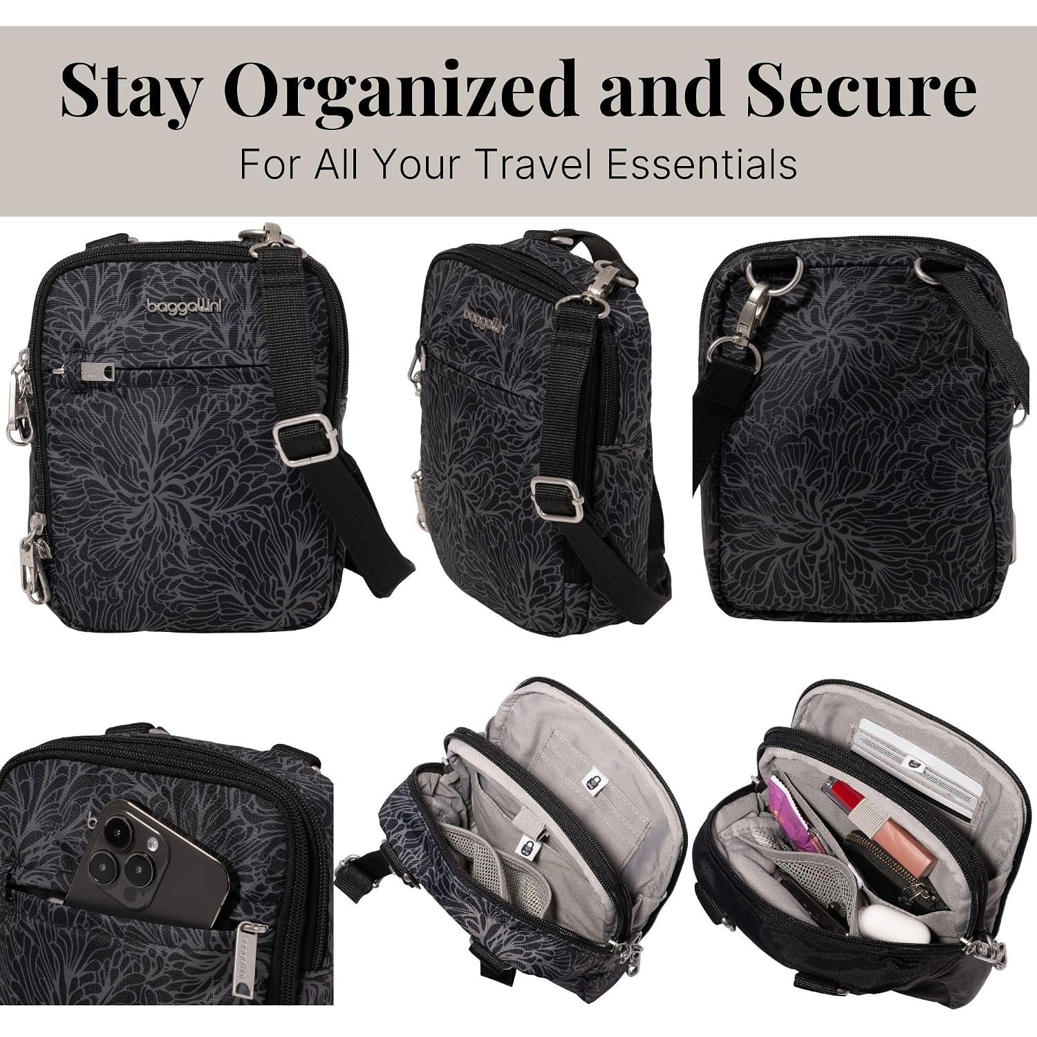 Baggallini Securtex® Anti-Theft Mini Everything Crossbody Bag, 6.3"X8.25" Rfid, Locking Zippers & Cut-Resistant Strap