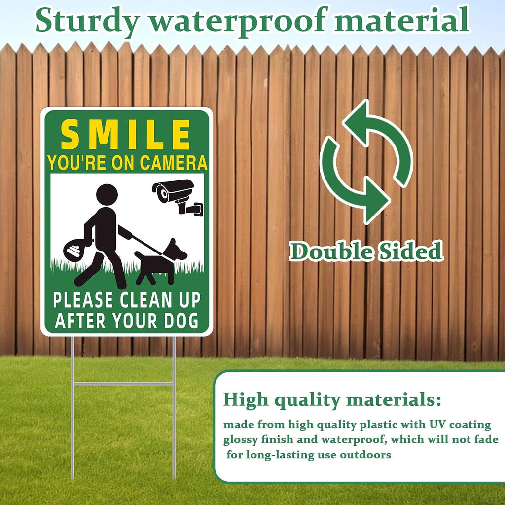 Clean Up After Your Dog Signs, 2-Pack 13"X10" Double-Sided H-Stake Metal Stakes Smile Your On Camera Signs, No Pooping Dog Signs For Yard, Pick Up After Your Dog Sign