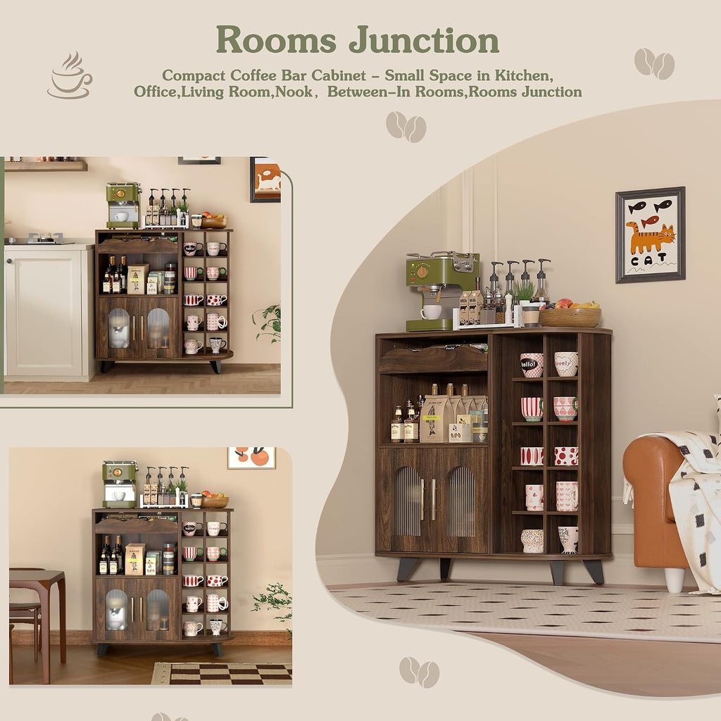 Coffee Bar Cabinet With 24-Cup Display, Large Drawer & Storage,Modern Buffet Sideboard For Kitchen, Medium Wooden Bar Station For Apartment，Walnut
