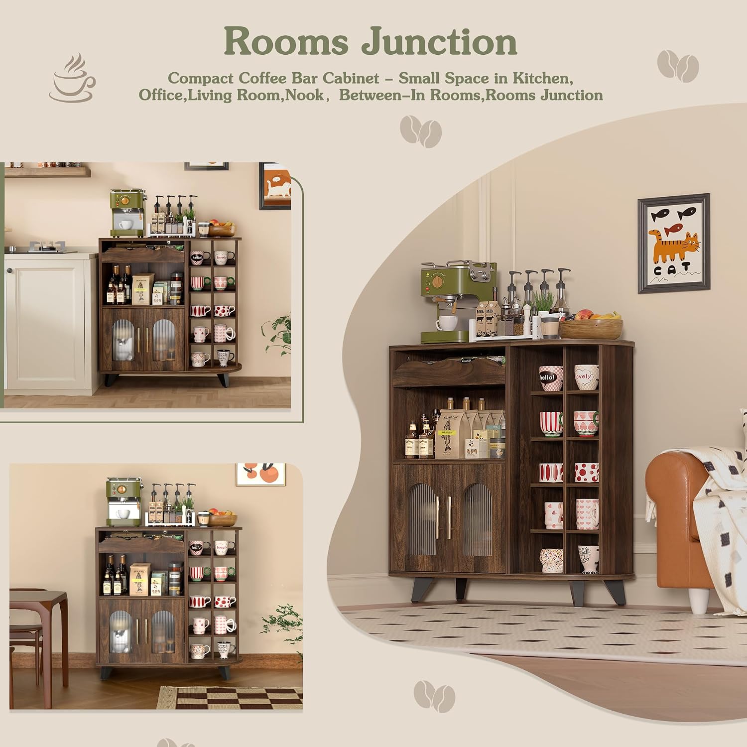 Coffee Bar Cabinet With 24-Cup Display, Large Drawer & Storage,Modern Buffet Sideboard For Kitchen, Medium Wooden Bar Station For Apartment，Walnut