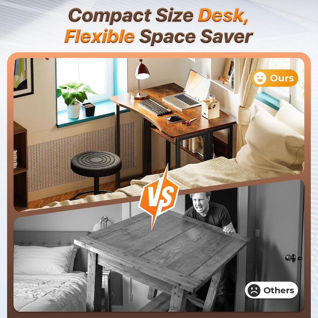 Huuger Folding Desk With Storage Shelf, 31.5 Inch Foldable Computer Table For Small Spaces, Space Saving Sofa Table For Couch, Writing Work Office Computer Desk, Easy To Fold, Rustic Brown