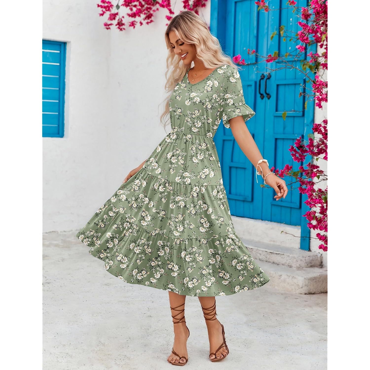 Zeagoo Women'S Summer Dresses Midi Tiered Casual Dress Floral V Neck Ruffle Short Sleeve Flowy Beach Dress With Pockets