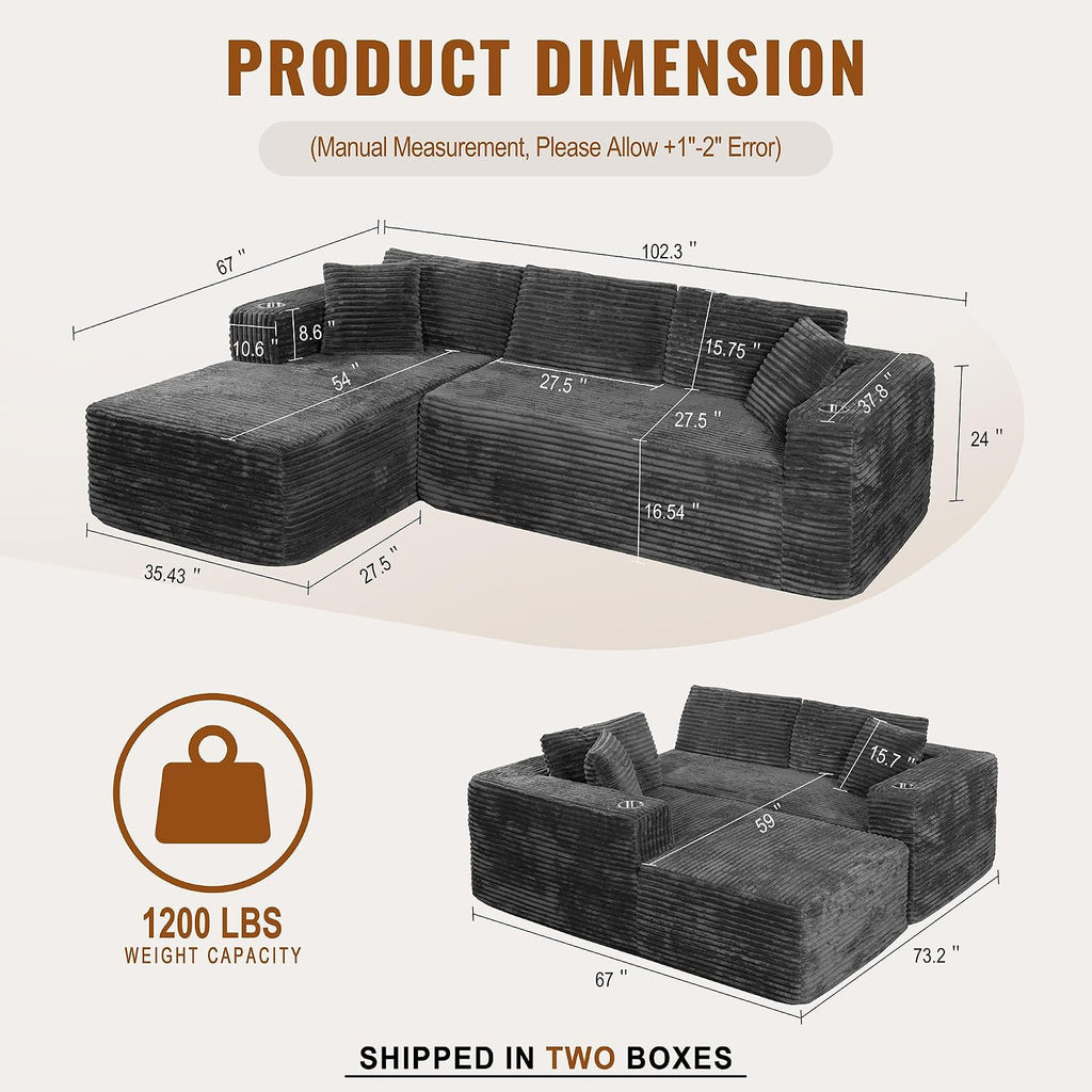 Shintenchi 103" Boneless Couches For Living Room With 2 Cup Holders,L Shaped Modular Sectional Sofa Set,No Assembly Needed Plush Corduroy Living Room Set,Dark Gray