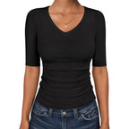 ANRABESS Womens Half Sleeve Tops V Neck Ribbed Knit Slim Fit Basic T Shirts 2026 Summer Casual Tees Spring Trendy Clothes