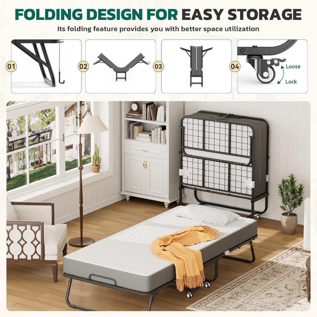 Folding Bed With 5 Inch Mattress, 75” X 38” Portable Rollaway Bed With Memory Mattress And Metal Frame For Adults,Guest, Twin Size,Cot Size