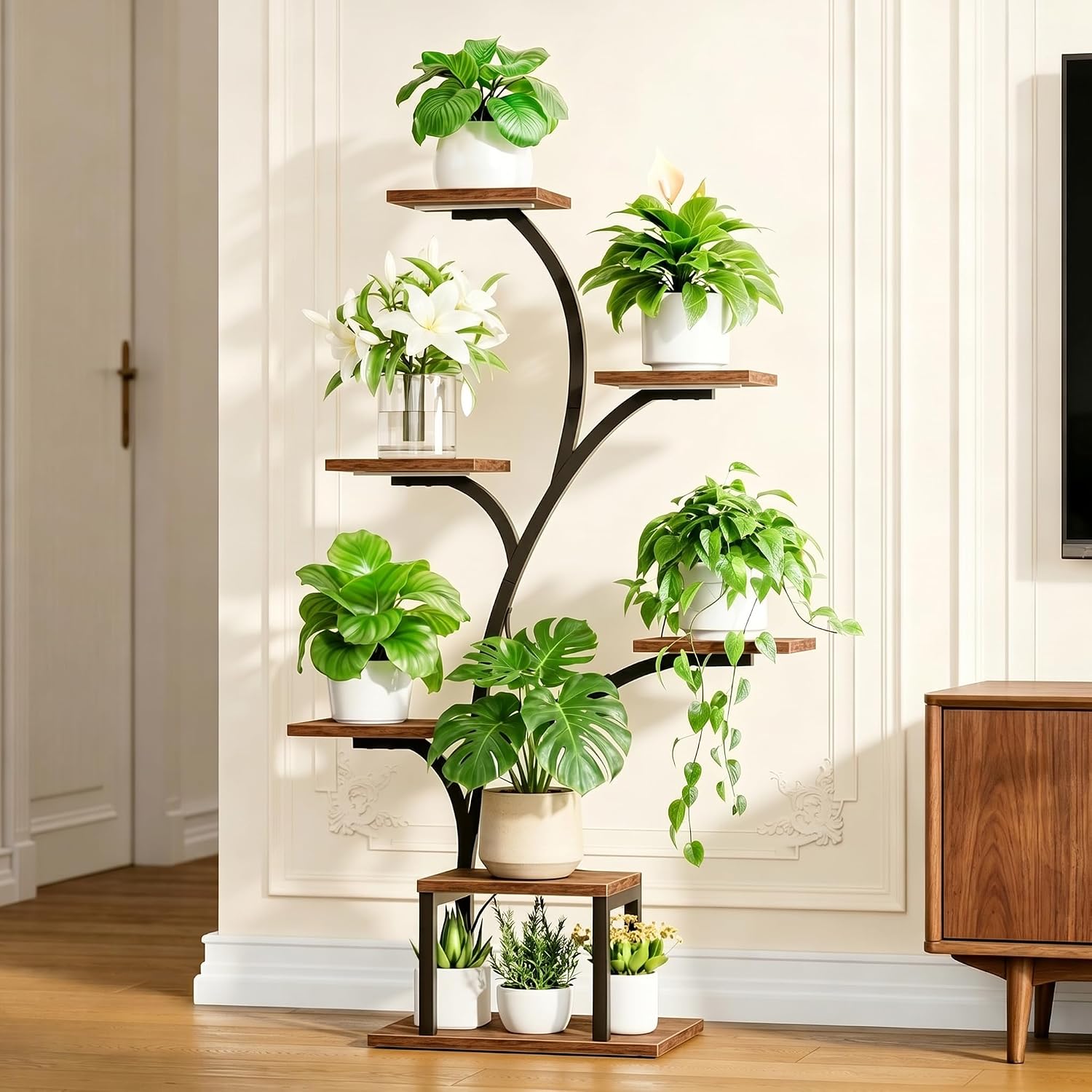 Bacekoll Plant Stand Indoor With Grow Lights, 7 Tiered Indoor Plant Shelf, 49" Corner Plant Stands For Indoor Plants, Metal Plant Flower Display Shelf, Tree-Shaped Plant Rack For Home, Patio, Brown