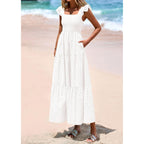 Prettygarden Womens Summer Square Neck Maxi Dresses Cap Sleeve Eyelet Smocked Tiered A Line Flowy Long Dress With Pockets