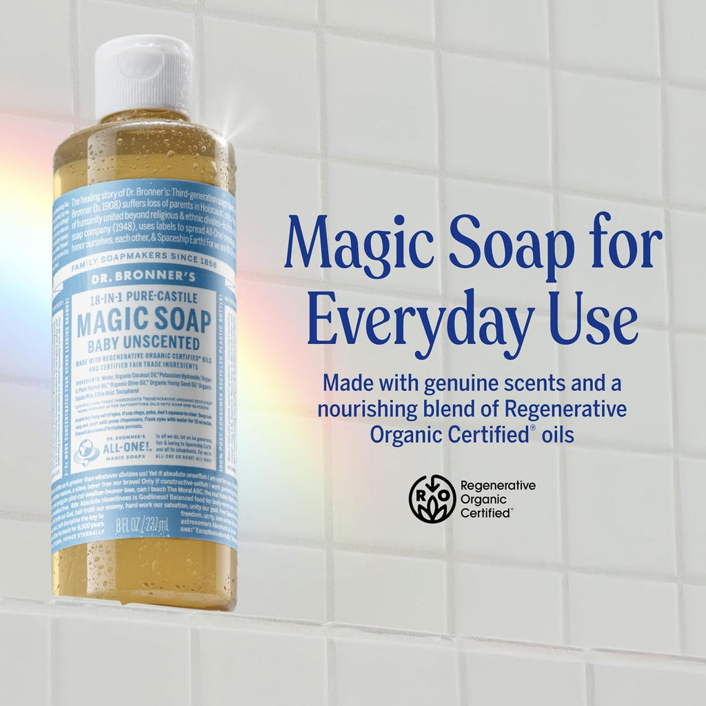 Dr. Bronner'S Pure-Castile Magic Liquid Soap (Baby Unscented, 8 Ounce)- Made With Regenerative Organic Certified Oils, For Face, Body Wash, Baby Soap, Sensitive Skin, No Added Fragrance, Vegan