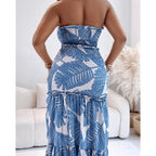 Chicme Floral Printed Vacation Dress Halter Tie Ruched Shirred Bandeau Party Dress Slim Ruffle Hem Wedding Guest Dress