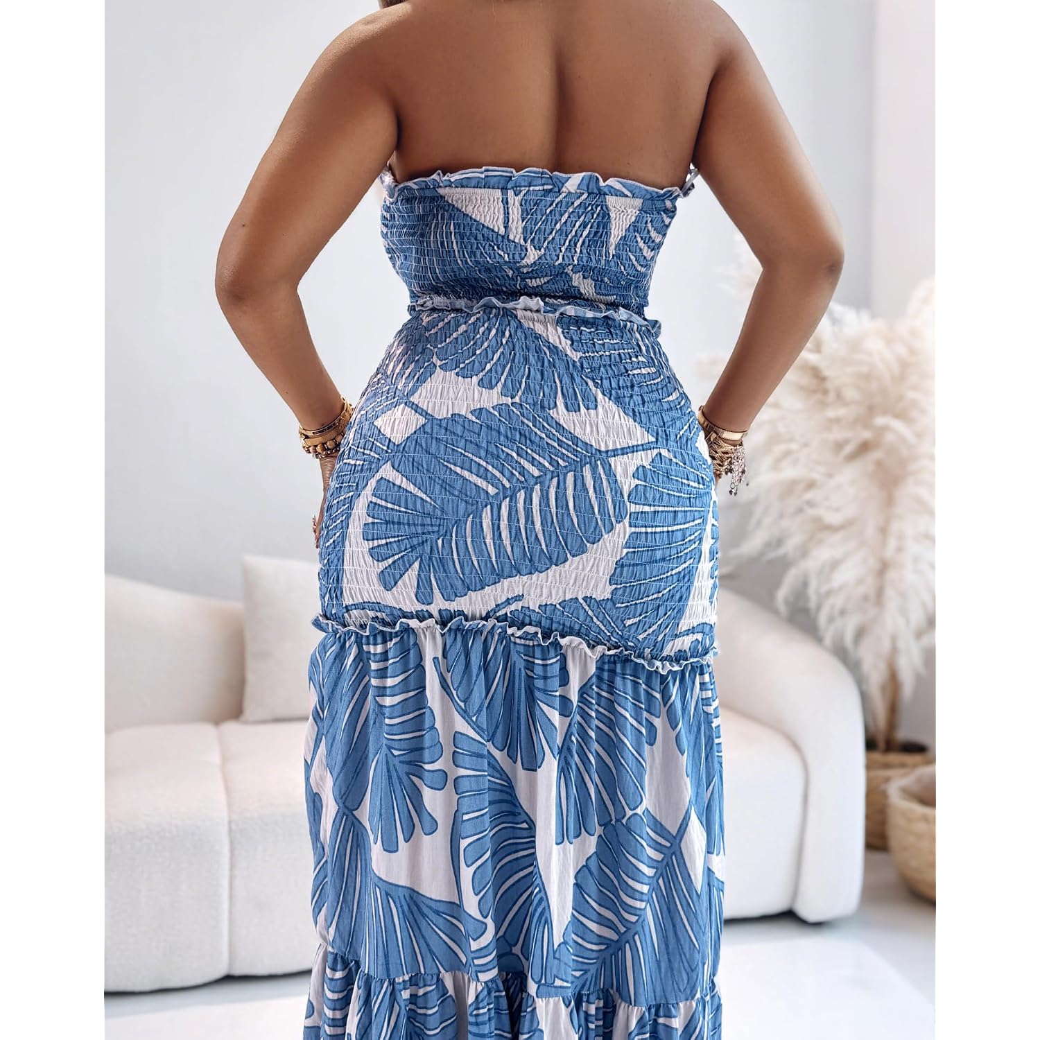 Chicme Floral Printed Vacation Dress Halter Tie Ruched Shirred Bandeau Party Dress Slim Ruffle Hem Wedding Guest Dress