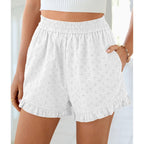 Shorts for Women Summer 2026 Beach Vacation Clothes Spring Elastic Waist Embroidered Ruffle Shorts with Pockets