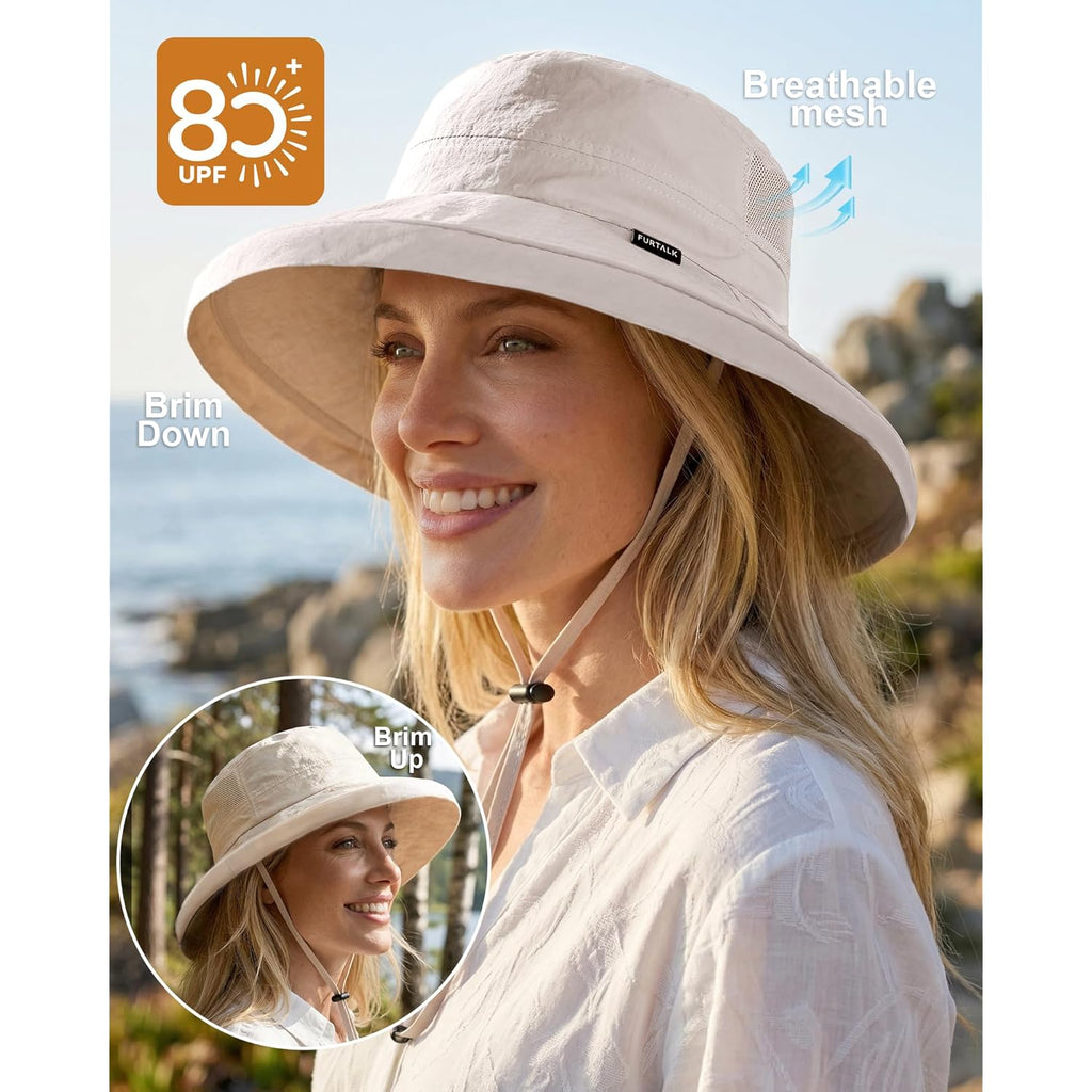 FURTALK Wide Brim Sun Hat with Ponytail Hole for Women UPF 80+ UV Protection Packable Bucket Hiking Travel Outdoor Hat