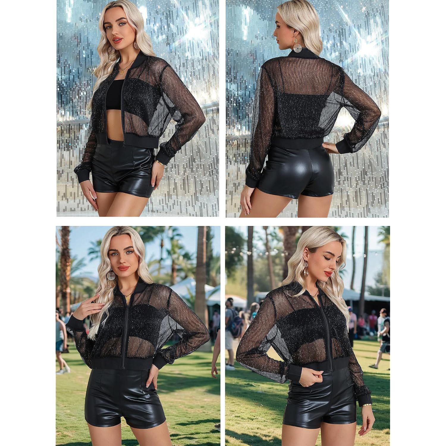 Nlife Women Sheer Mesh Sparkly Crop Bomber Jacket See Thru Glitter Rave Festival Clubwear Night Out Party Concert Outfit