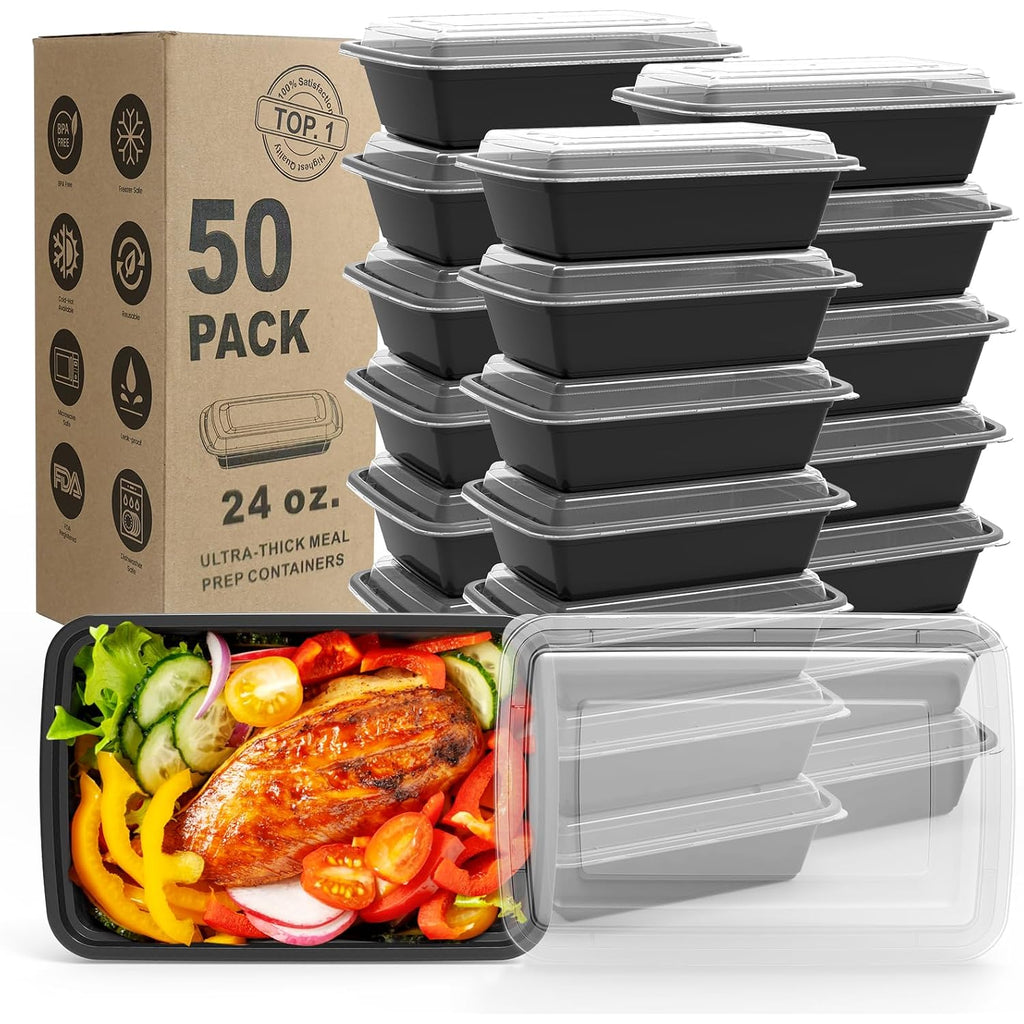 Wgcc Meal Prep Containers, 50 Pack Extra-Thick Food Storage Containers With Lids, Disposable & Reusable Plastic Bento Lunch Box, Bpa Free, Stackable, Microwave/Dishwasher/Freezer Safe (24 Oz)