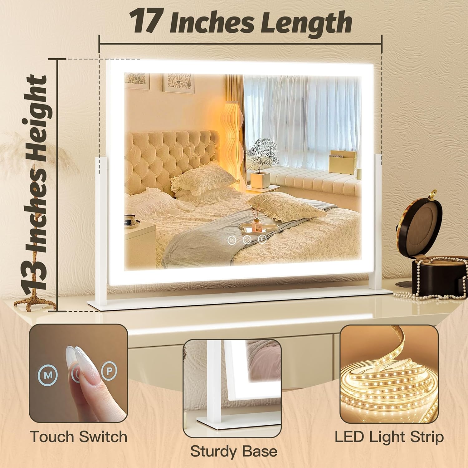 FENNIO Vanity Mirror with Lights 13'' x 17'' Makeup Mirror with Lights,Vanity Mirror Touch Screen with 3-Color Lighting,Dimmable,for Vanity Desk Bedroom White