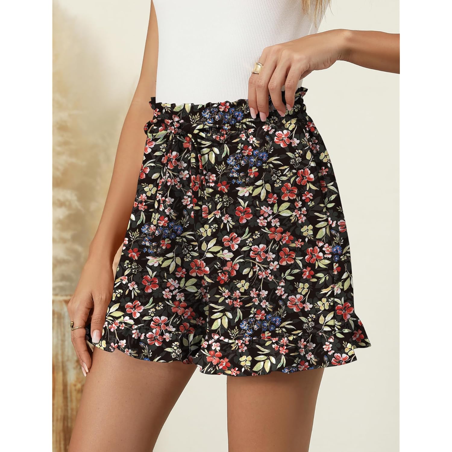 Women's Shorts 2026 Summer Casual Cute Ruffle Shorts Comfy Elastic Waist Drawstring Pleated Short with Pockets