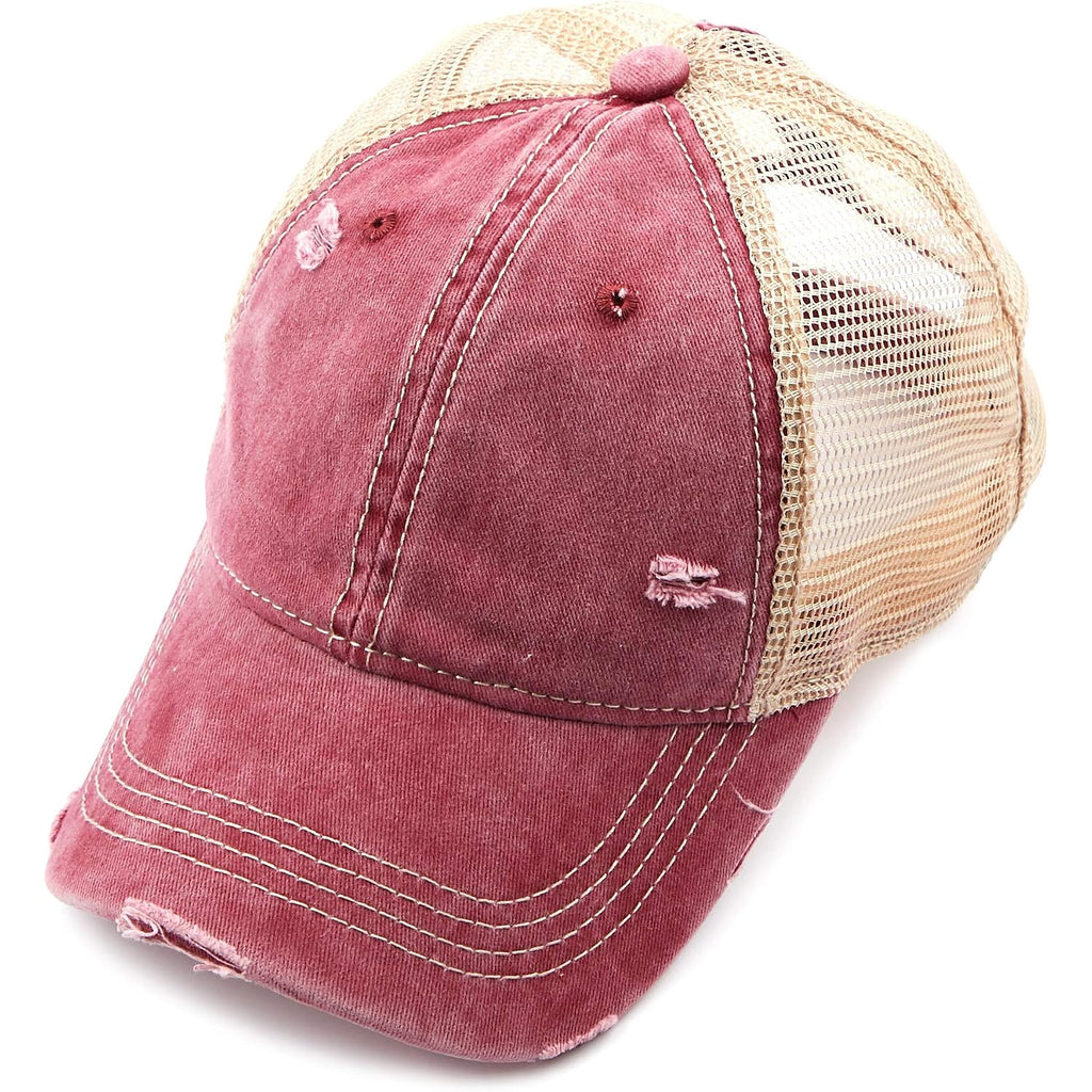 C.C Hatsandscarf Exclusives Washed Distressed Cotton Denim Ponytail Hat Adjustable Baseball Cap (BT-12) (BT-13) Burgundy