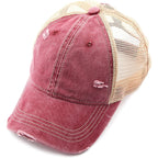 C.C Hatsandscarf Exclusives Washed Distressed Cotton Denim Ponytail Hat Adjustable Baseball Cap (BT-12) (BT-13) Burgundy