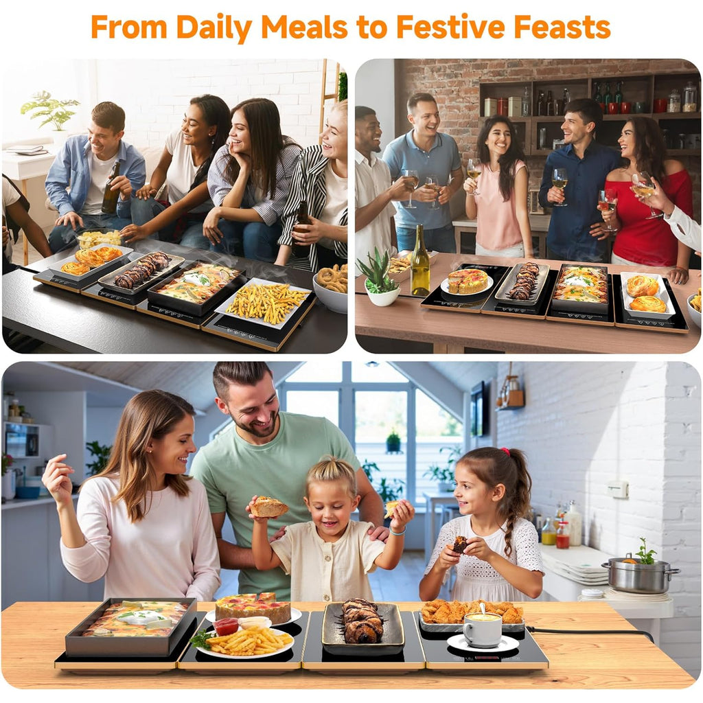 FEPPO Electric Warming Tray, 4-in-1 Food Warmers for Parties Buffet with 10 Temp Settings and Timer, 33"x15" Glass Surface Warming Mat for Food, Modular Buffet Hot Plates for Catering and Gatherings