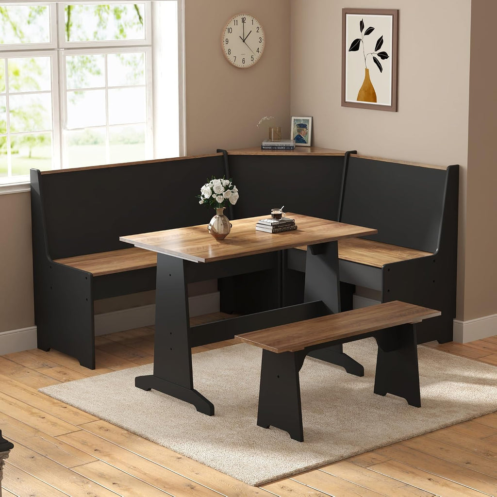 Amerlife 3-Piece Breakfast Nook Dining Set With Storage, Black Oak | L-Shaped Corner Bench, Hidden Storage, Compact Dining Set For Small Spaces, Kitchen Dining Room Furniture