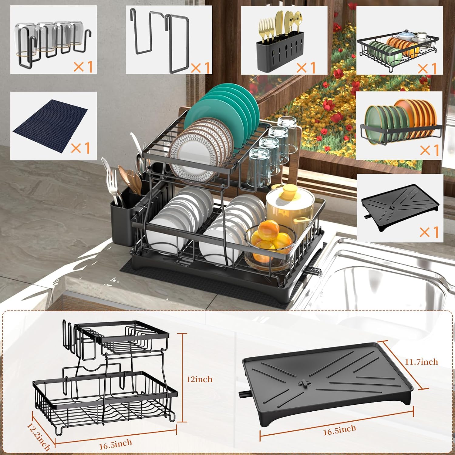 2-Tier Dish Drying Rack - Dish Rack With Auto Drain-To-Sink & Mat | Dish Racks For Kitchen Counter, Dish Drainer With Knife Fork & Cup Rack, Gifts For Women, Mothers Day, Kitchen Gadgets, Black