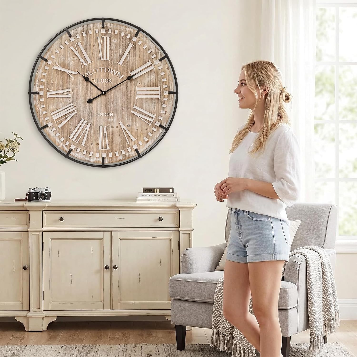 Emax Home 30 Inch Extra Large Wall Clock - Farmhouse Rustic Wood & Metal Design Silent Non-Ticking Battery Operated Decorative Oversized Clock For Living Room, Kitchen, Office & Bedroom