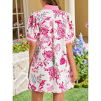 Wenrine Womens Summer Mini Dress Casual Floral Puff Sleeve V Neck Color Block Loose Boho Beach Dresses With Pockets