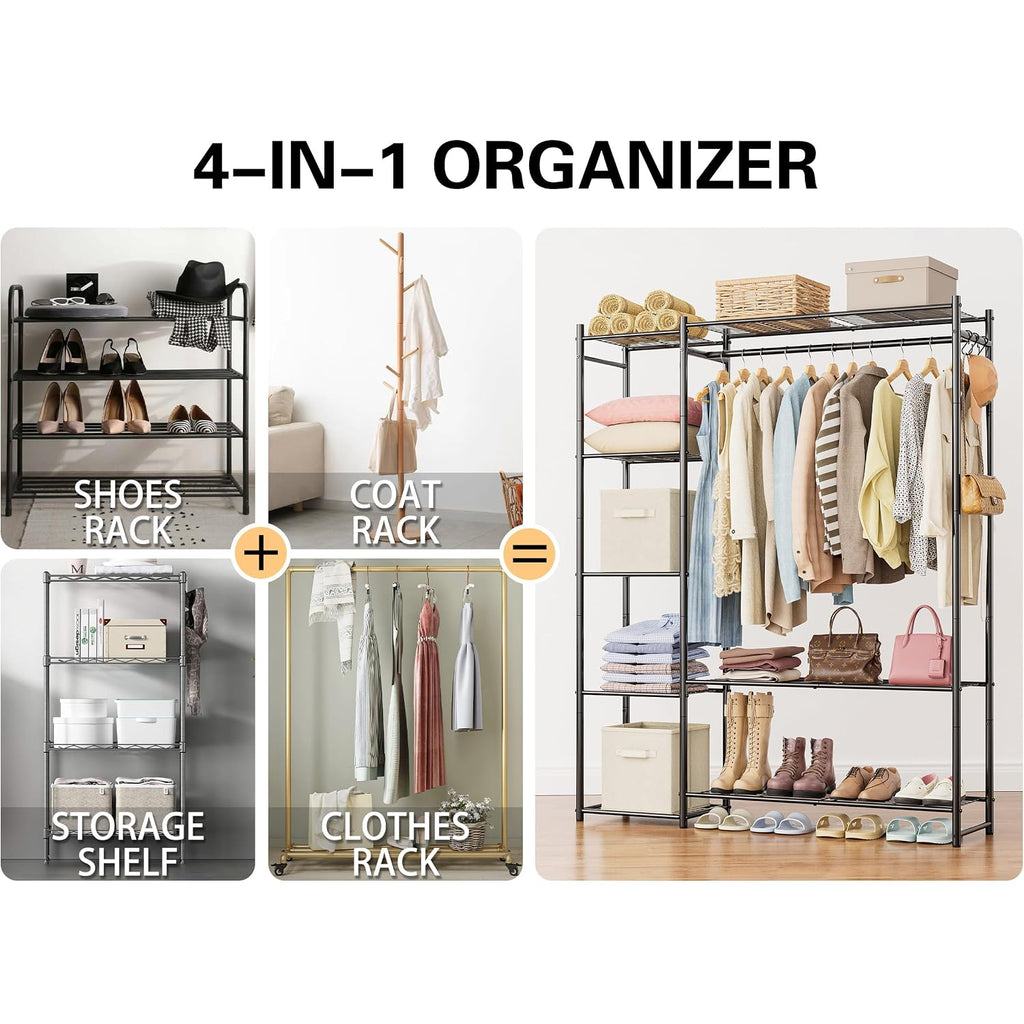 Wardrobe Closet,Portable Clothes Rack With 4 Tiers Shelves,Freestanding Closet Organizers And Storage System With Hanging Rods,Steel Clothing Rack Suitable For Cloakrooms,Bedrooms,Entrances,Etc.Black