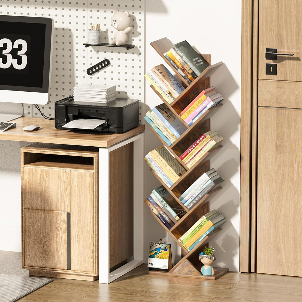 10 Tier Tree Book Shelf, Floor Standing Wood Bookshelf For Narrow Space, Storage Organizer Bookshelves For Books/Cds/Magazine, Bookcase With Shelves For Home Office, Living Room - Brown