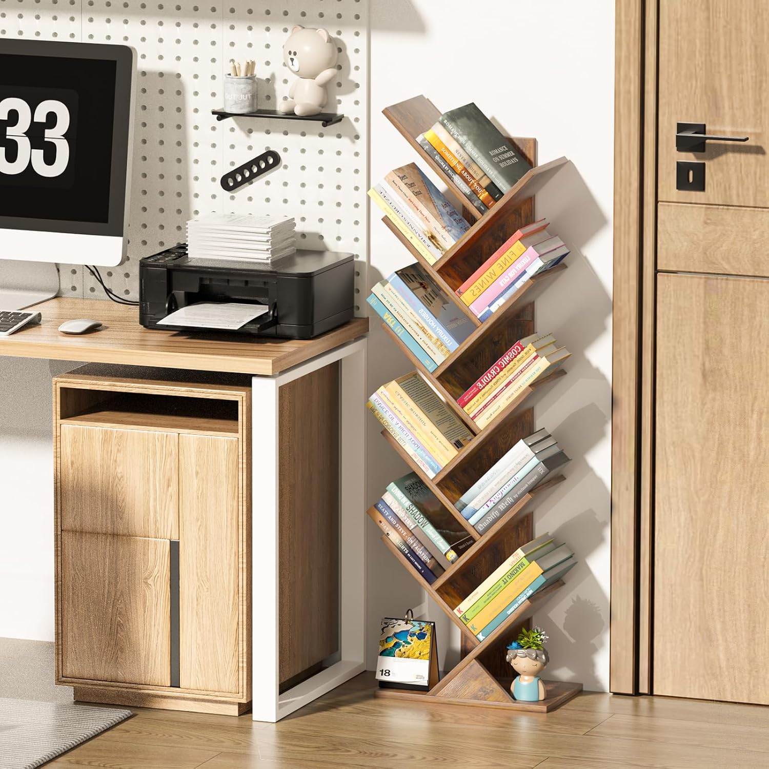 10 Tier Tree Book Shelf, Floor Standing Wood Bookshelf For Narrow Space, Storage Organizer Bookshelves For Books/Cds/Magazine, Bookcase With Shelves For Home Office, Living Room - Brown