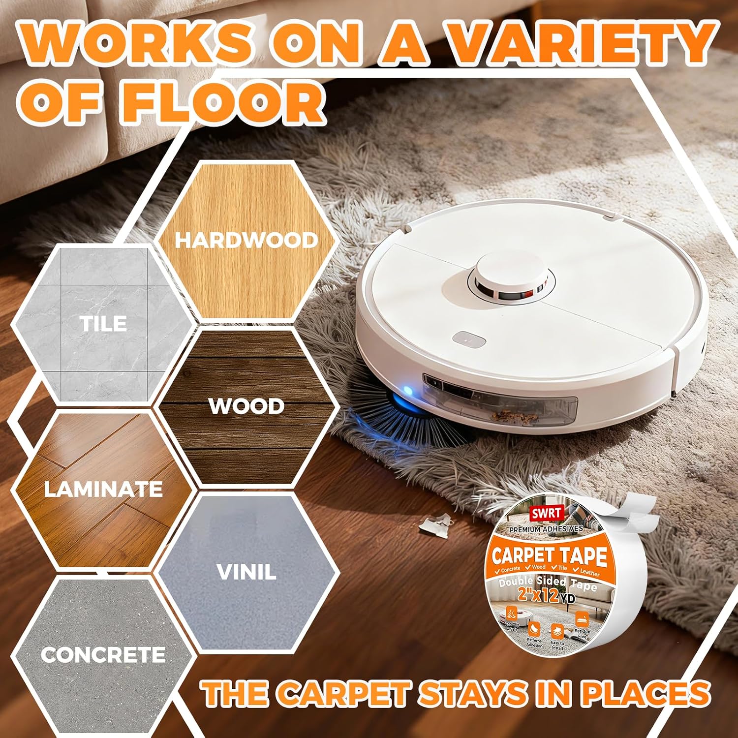 Double Sided Carpet Tape, 2 Inch X 12 Yards Rug Tape For Hardwood Floors, Heavy Duty Anti Slip Grip For Area Rugs, Residue Free, Wood Safe, Easy Removal For Tile And Laminate