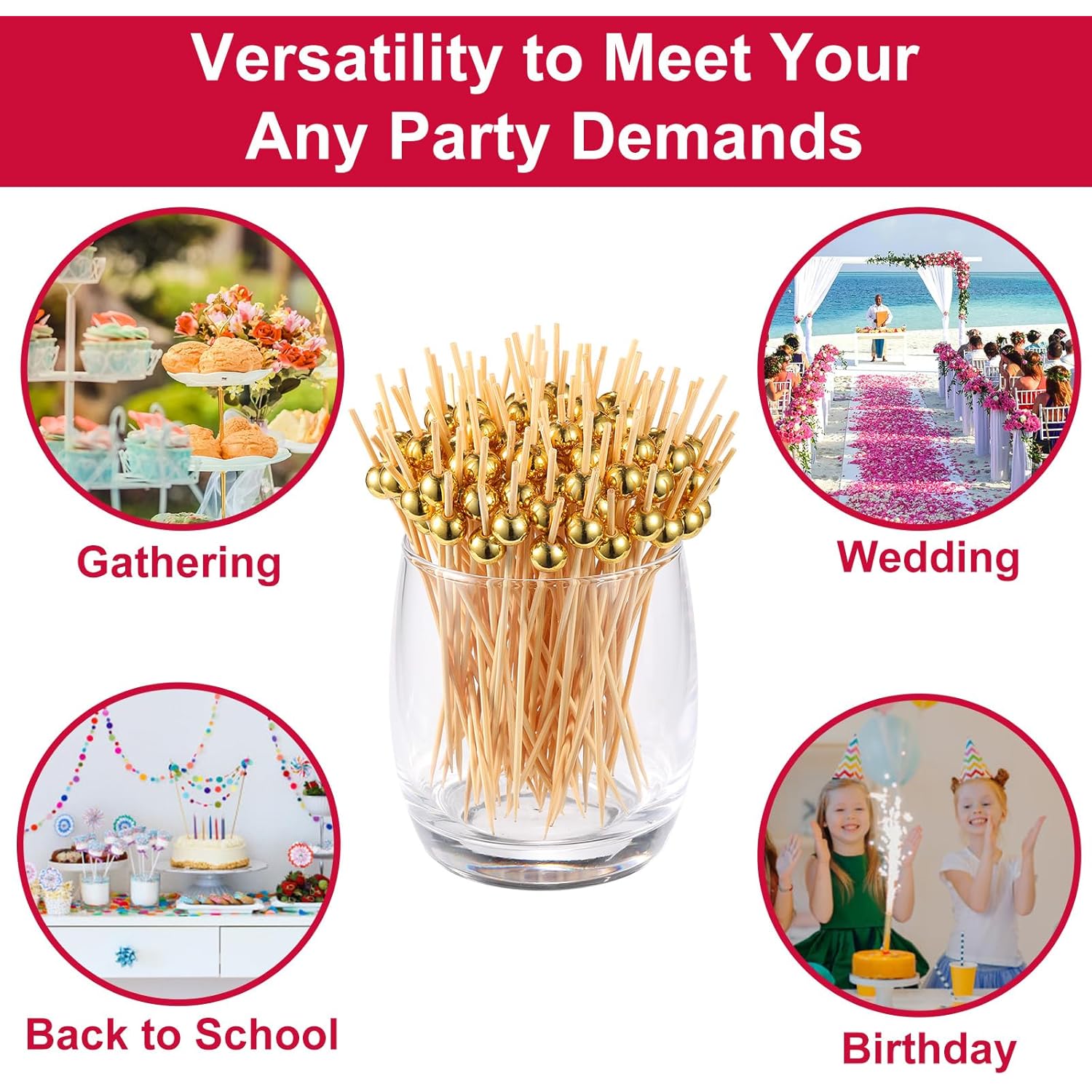 200 Pcs Cocktail Picks, Gold Plastic Ball Decor Skewer for Appetizers, Fruit, Kebabs, Mini Burger, Bamboo Skewers for Drinks, Handheld Toothpicks, Food Sticks Natural, Kitchen Gadget