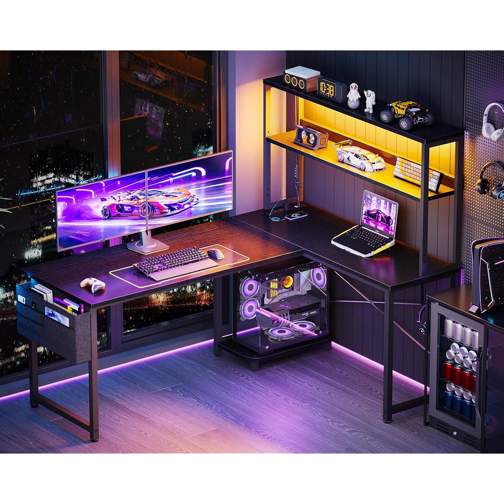 ODK 53 Inch L Shaped Gaming Desk with LED Lighting, Reversible Desk with Power Outlets, Cornor Computer Table with Storage Shelves & Bag & Iron Hook, Home Office Table for Writing, Study, Black