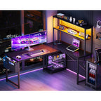 ODK 53 Inch L Shaped Gaming Desk with LED Lighting, Reversible Desk with Power Outlets, Cornor Computer Table with Storage Shelves & Bag & Iron Hook, Home Office Table for Writing, Study, Black
