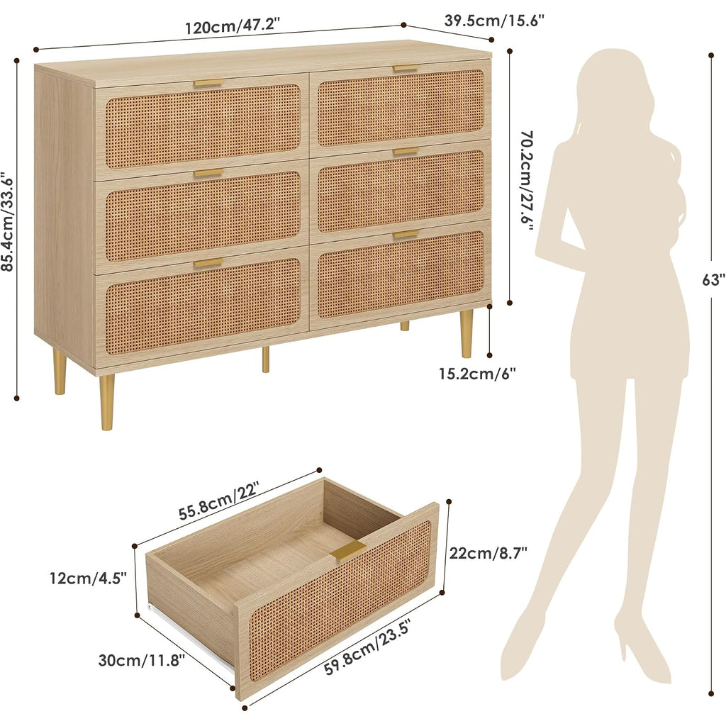 Garveehome Rattan 6 Drawer Dresser For Bedroom, Large Double Dresser With Deep Drawers, Wooden Chest Of Drawers For Closet With Wide Top, For Living Room, Hallway, Kids Room, Natural