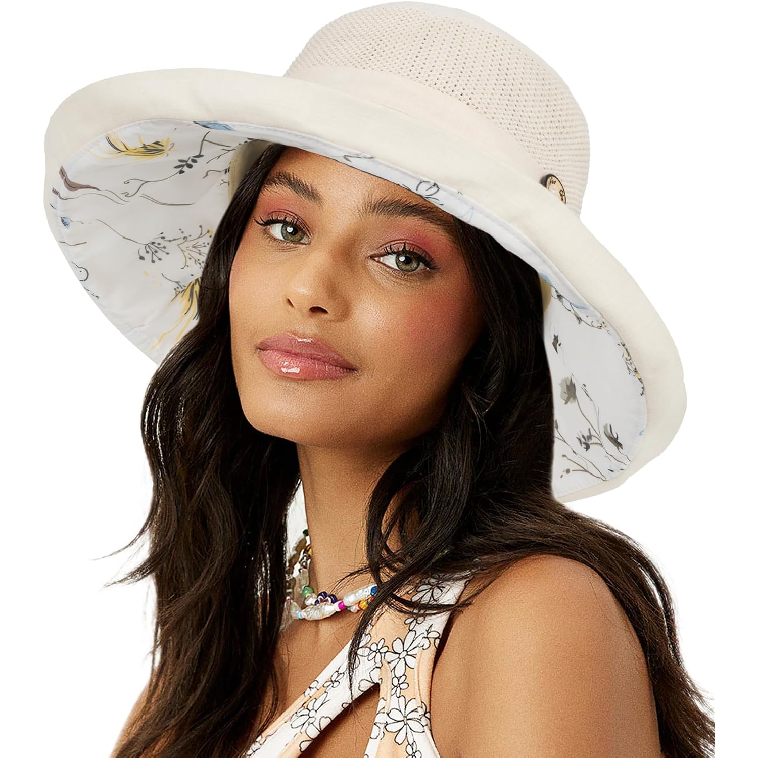 Women Summer Sun Hat Floral Beach Hat Wide Brim UV Protection Packable Bucket Cap for Vacation Travel Beige