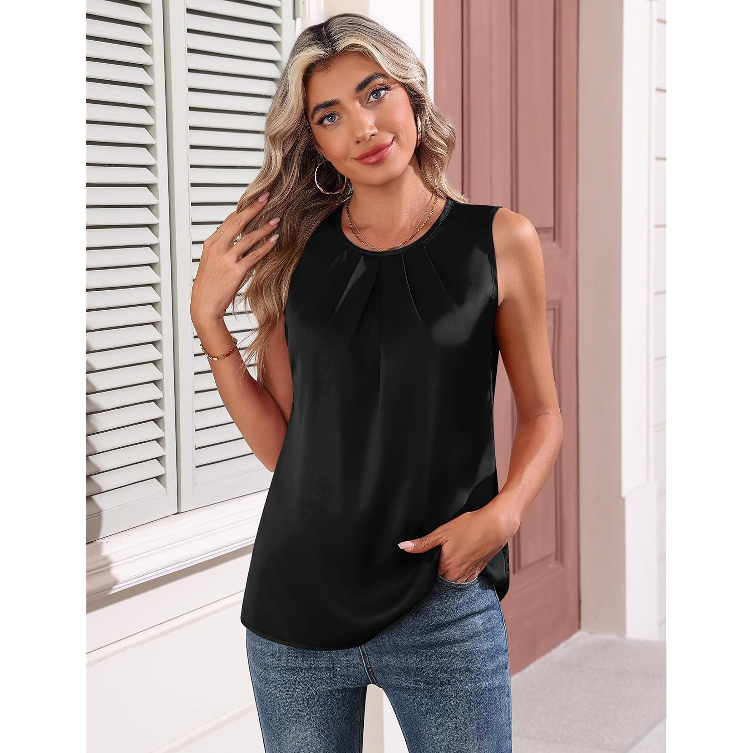 Zeagoo Womens Silk Satin Tank Tops Crew Neck Pleated Camisole Sleeveless Business Work Blouse Dressy Casual Summer Shirt