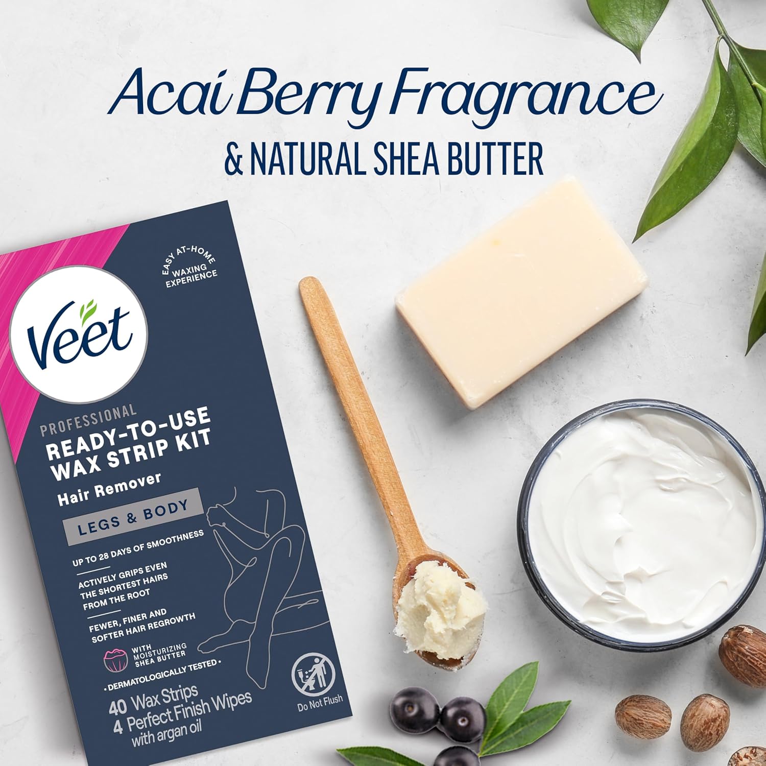 VEET Ready-To-Use Waxing Kit For Women, Wax Strips For Body Hair Removal, Wax Kit For Legs and Body, Personal Care Product, Hair Remover, 40ct Waxing Strips (20 Double-Sided), 4ct Body Wipes