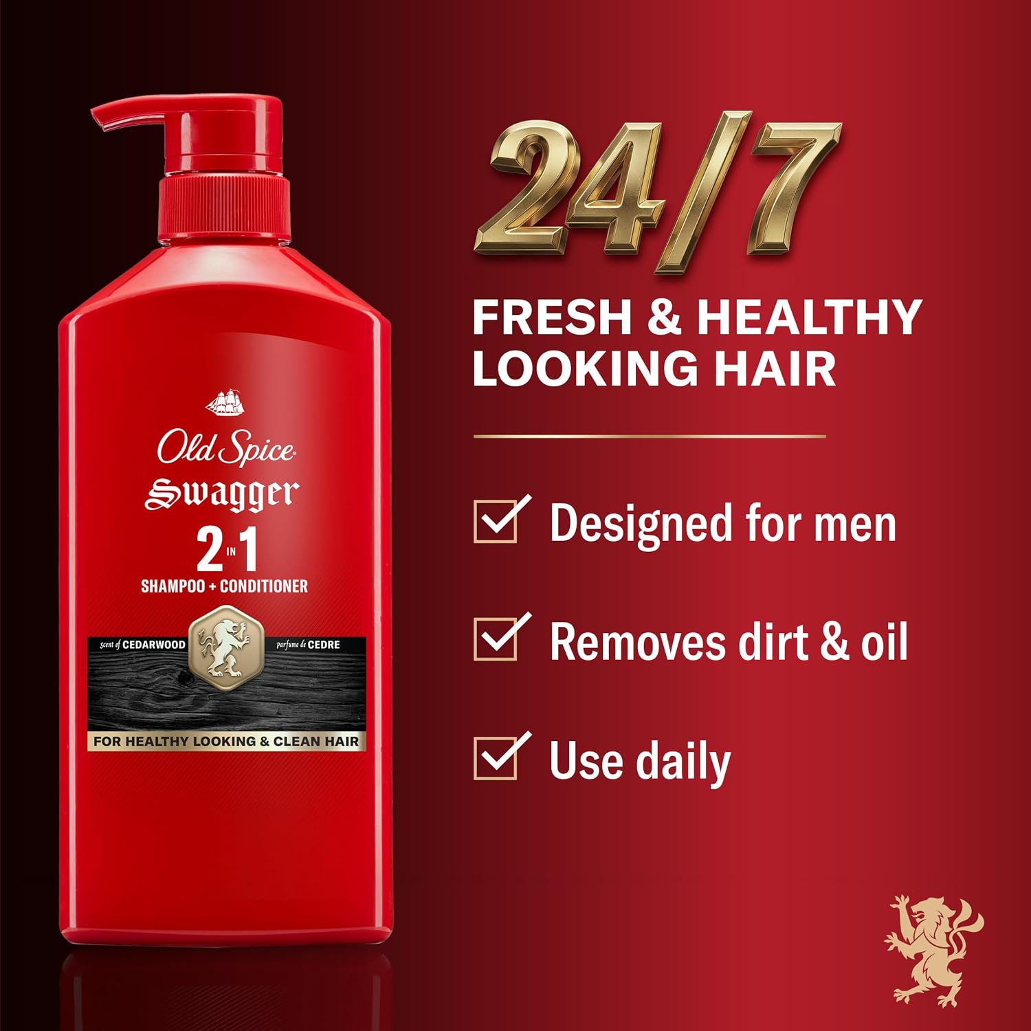 Old Spice Mens 2-In-1 Shampoo And Conditioner, Swagger, Cedarwood Lime Scent, For All Hair Types, Healthier, Fuller, Moisturized Looking Hair, Barbershop Quality, Remove Dirt & Oil, 21.9 Fl Oz